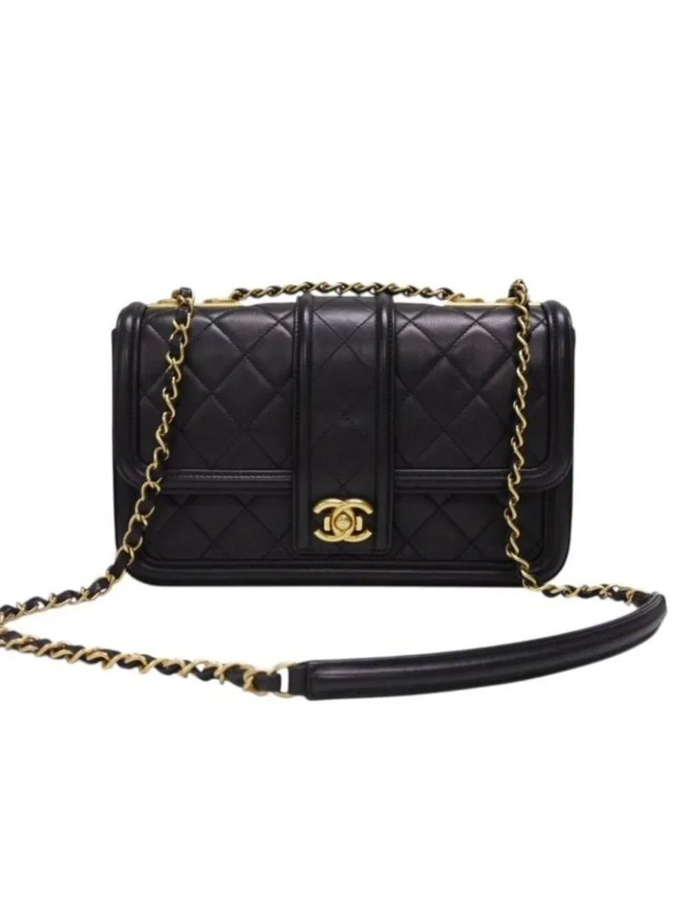 Chanel S Flap Chain Shoulder Bag CC Logo Lambskin Black Gold